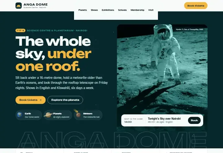Anga Dome concept: the science centre hero, with the next planetarium show and a Book button