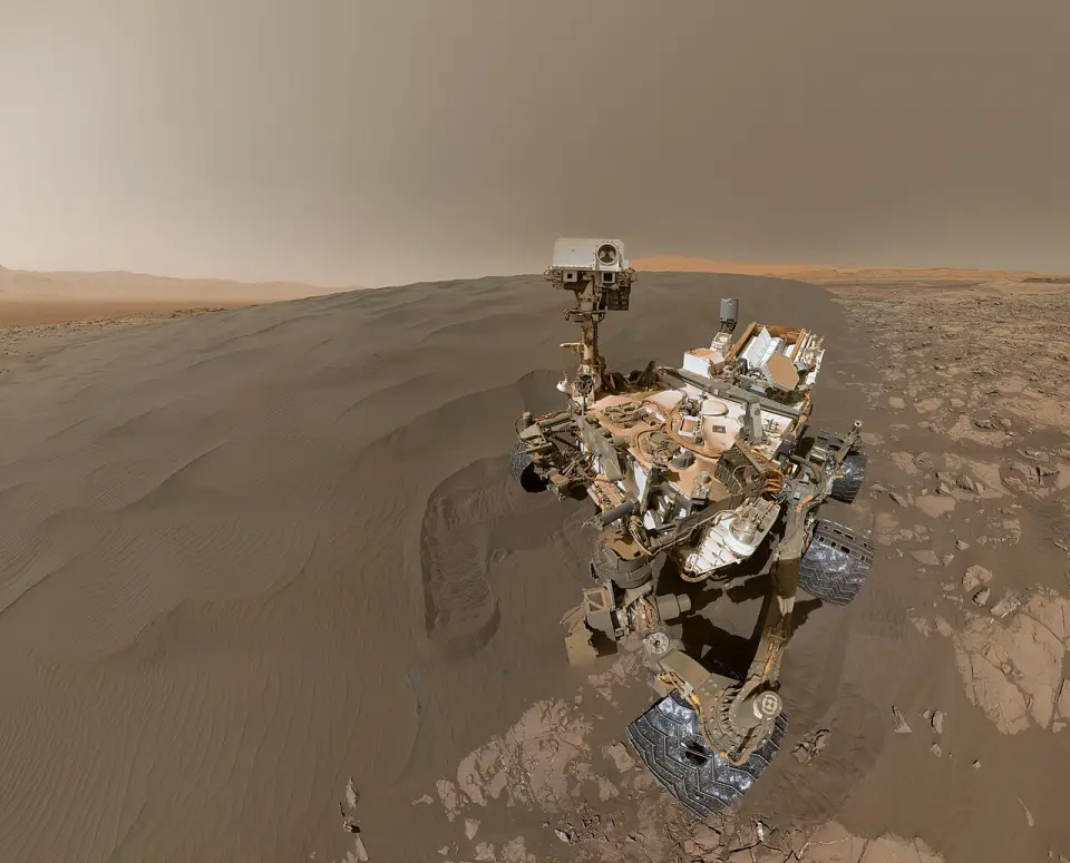 A Mars rover self-portrait on a rippled dark sand dune