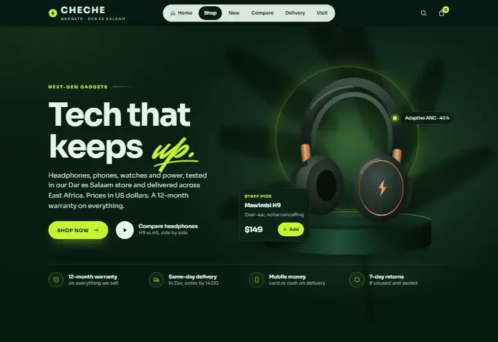 Cheche Gadgets concept: a pair of headphones on a dark green stage, with warranty, delivery, payment and returns listed below