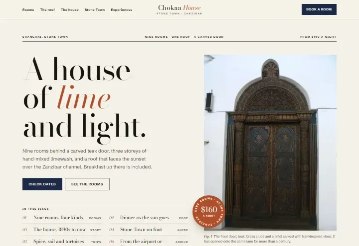 Chokaa House concept: a carved Stone Town door beside the headline "A house of lime and light"