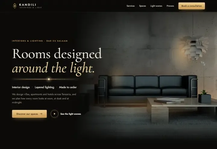 Kandili Interiors concept: a dark living room lit by a single pendant, with the heading Rooms designed around the light
