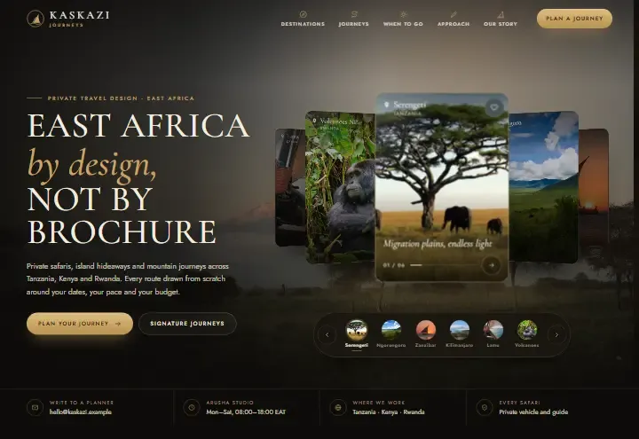 Kaskazi Journeys concept: a swipeable carousel of destination cards, with Serengeti in front
