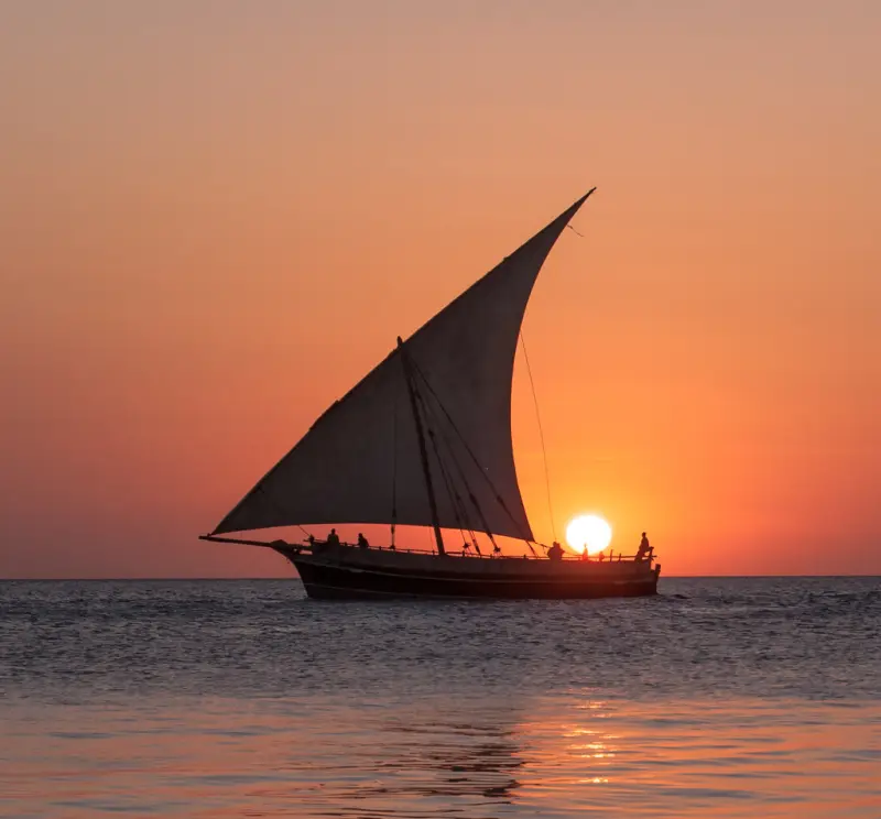 A dhow under full sail against the setting sun off Zanzibar