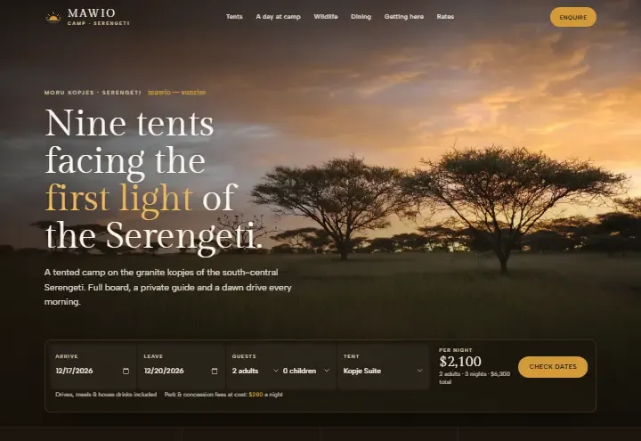 Mawio Camp concept: an acacia sunrise with a rate bar for dates, guests and tent, park fees shown at cost