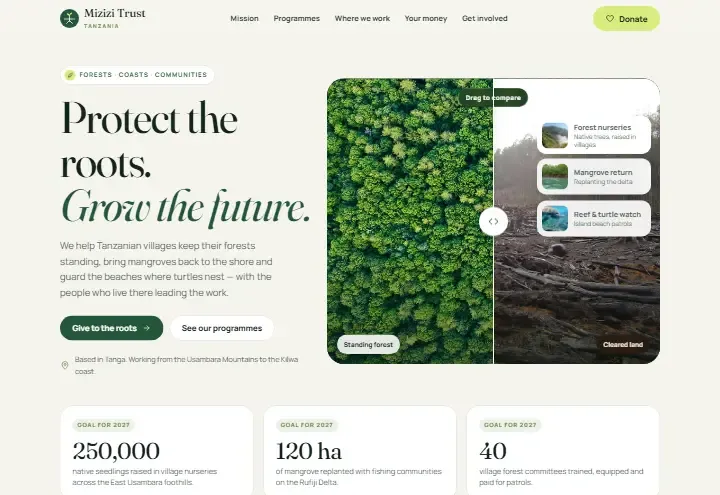 Mizizi Trust concept: a before-and-after slider comparing standing forest with cleared land, above goals for 2027