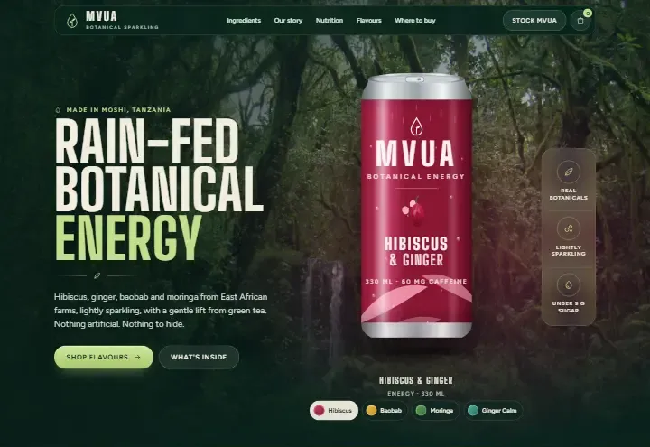 Mvua Botanicals concept: a red hibiscus and ginger can against a rainforest, with flavour buttons below