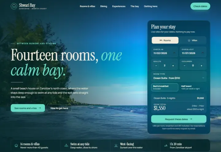 Shwari Bay concept: a beach hero with a live planner showing the total for five nights in an Ocean Suite