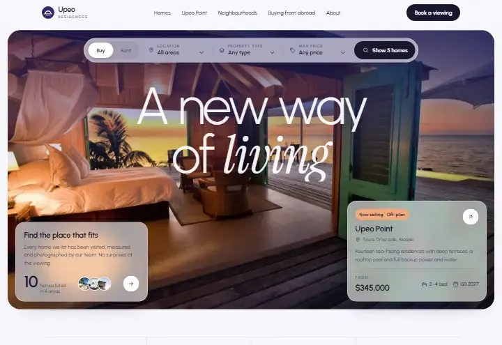 Upeo Residences concept: a sunset bedroom with a property search bar for area, type and price