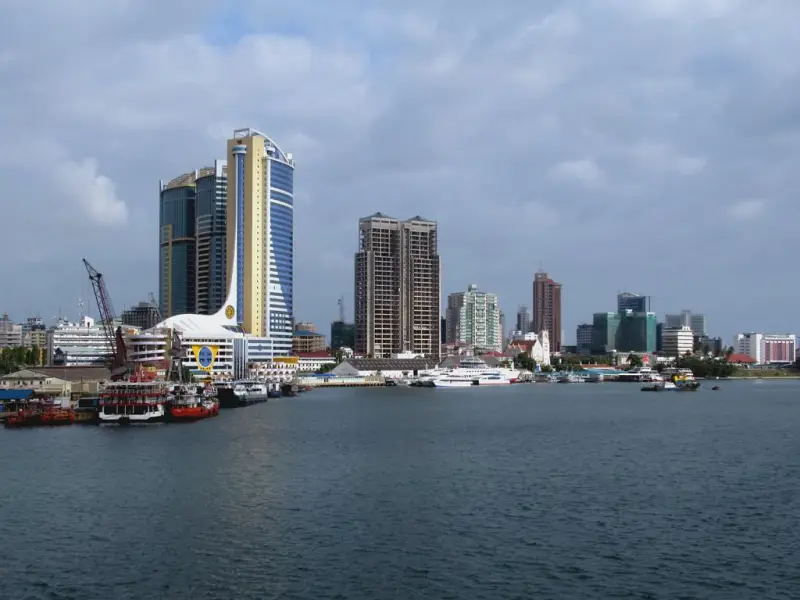 Dar es Salaam's harbour skyline seen across the water