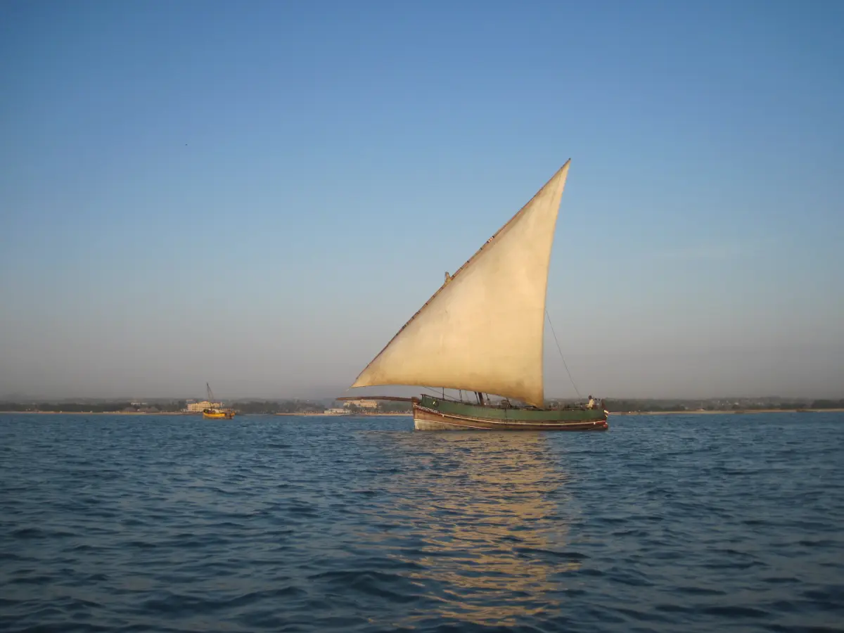 A dhow under full sail on Msasani Bay at dawn