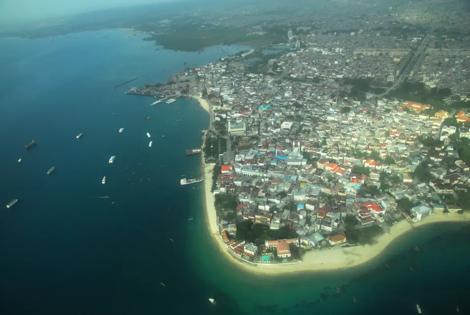 Aerial view of Stone Town's waterfront and rooftops